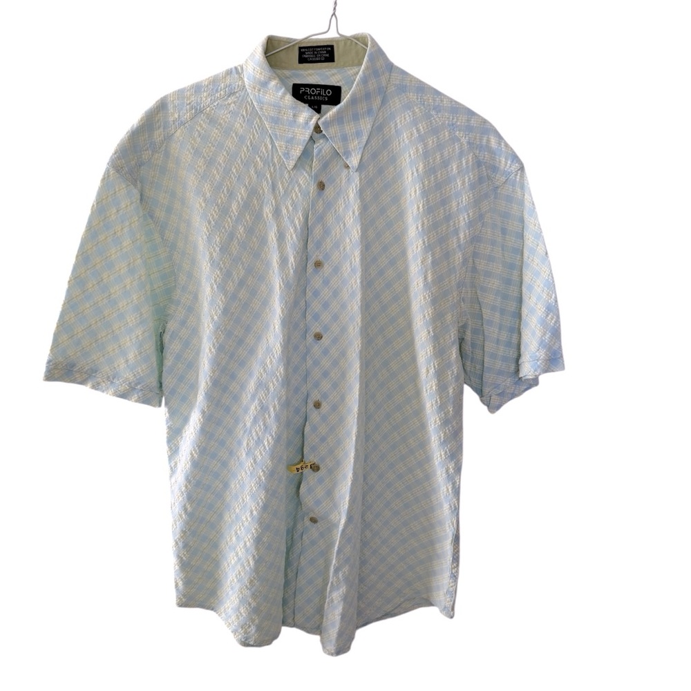Profilo Men’s Seersucker Button Up Shirt Size Large Checkered Blue Yellow